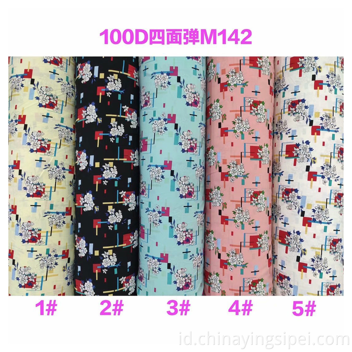 ISP Tekstil Bunga Print 4 Way Stretch 97% Polyester 3% kain pencetakan kain elastan untuk wanita berpakaian